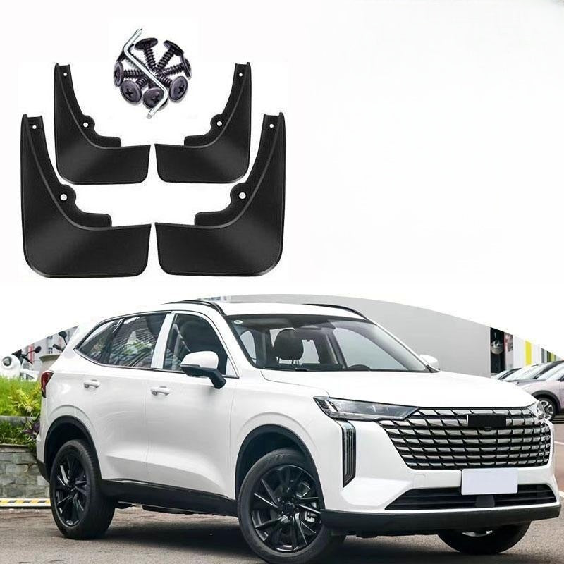 Set of black mud flaps with hardware for a white GWM Haval H6 SUV
