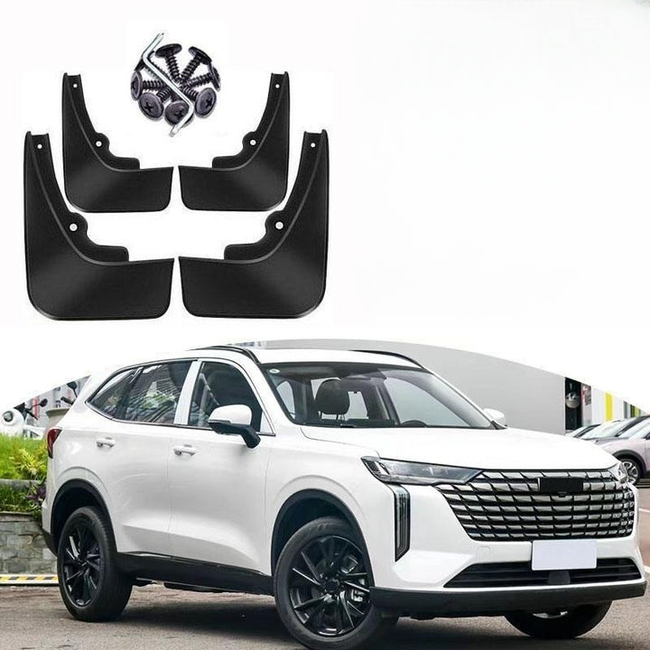 Set of black mud flaps with hardware for a white GWM Haval H6 SUV